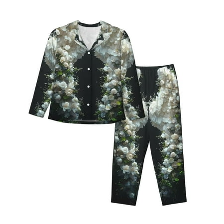 JUNZAN Floral Angelic White Wings Print Womens Pajama Sets Long Sleeve Button Down for Women Pjs 2 piece-XX-Large