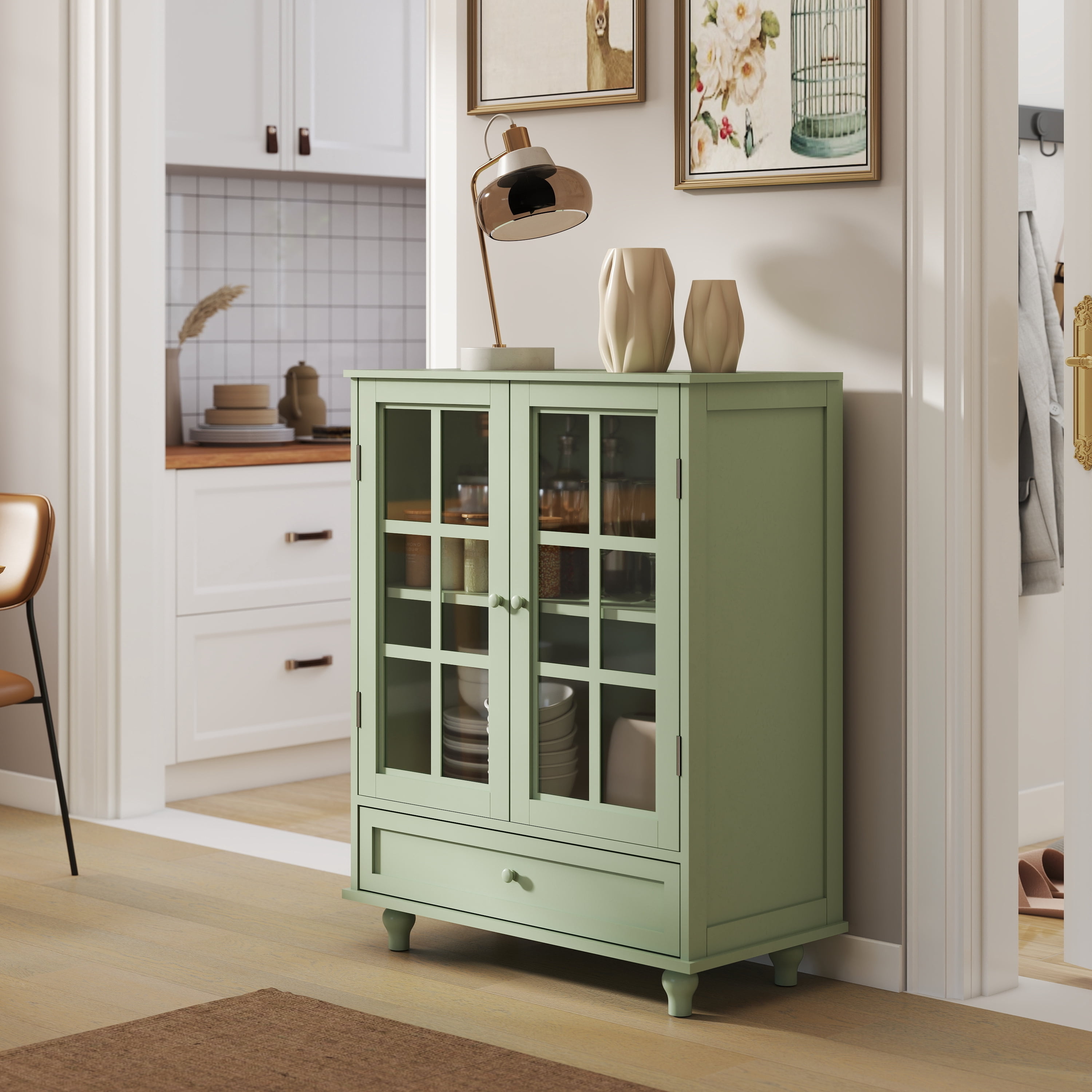 Minimalism Buffet Cabinet with Double Glass Doors and Drawer, Modern Wooden Storage Sideboard Cupboard for Living room, Dining Room Hallway Entryway (Mint Green)
