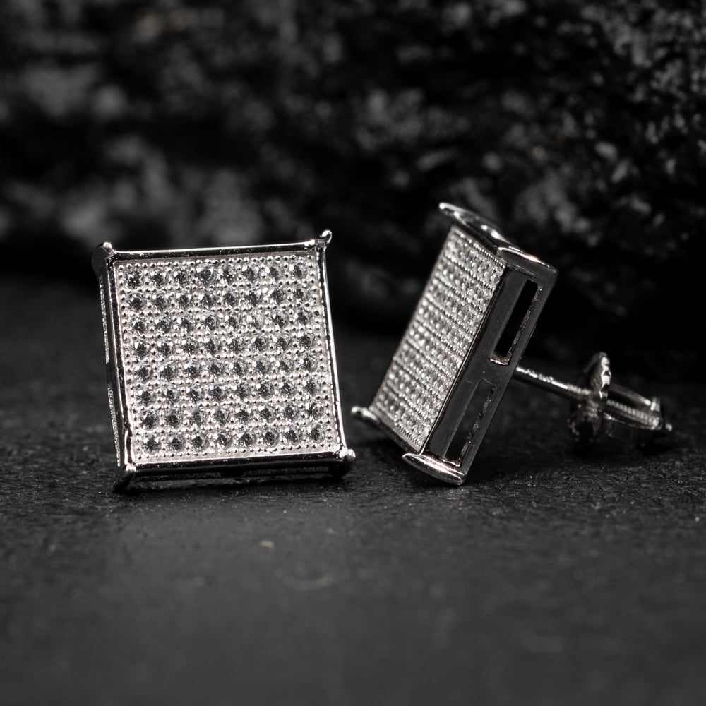 Mens Large White Gold Plated 925 Sterling Silver 5A Cz Cubic Zirconia Hypoallergenic Big Square Flat Screen 14mm Iced Hip Hop Micro Pave Ice Out Stud Screw Back Earrings For Men