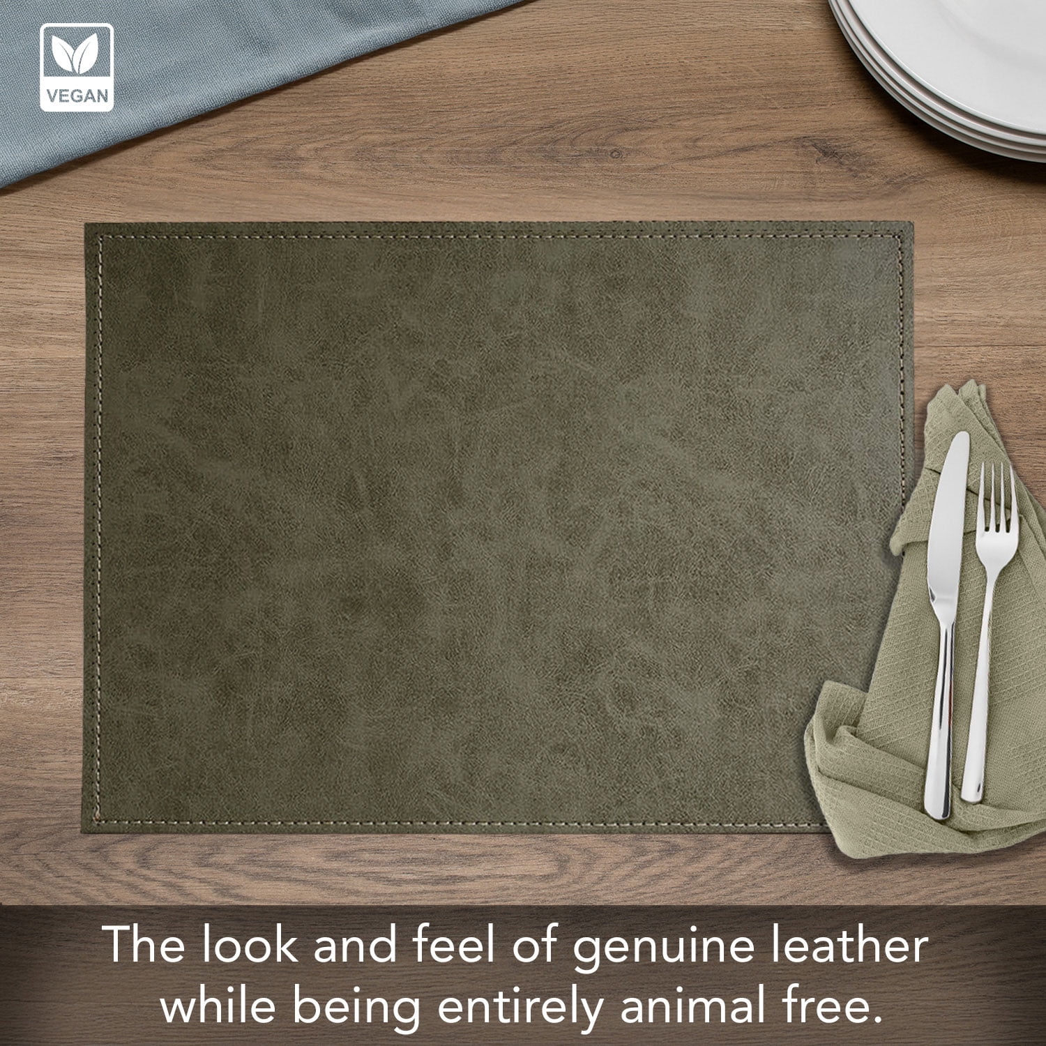 Luxurious Olive  Vegan Leather Placemats 4 Pack Look and Feel of Genuine Leather Infused with Copper