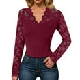 thumbnail image 2 of YDFCWXW Lace Crochet Long Sleeve Top for women Deep V Neck Slim Fit Contrast Sheer Mesh Blouse Shirts Y2k Going Out Tops Red, XXL, 2 of 5