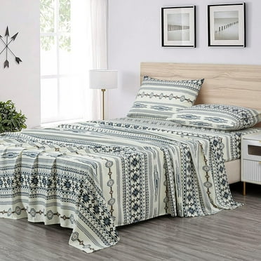 4-Piece Southwestern Tribal Lodge Bed Sheet Set, Full Size - Ivory Navy Brown Red Printed Microfiber Soft Breathable Deep Pocket Sheets and Pillowcases Set