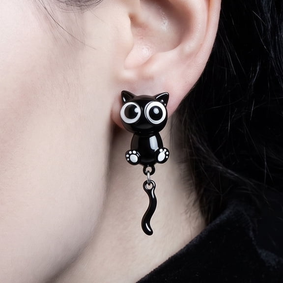 Adorable Gothic Black Cat & Cat Paw Stud Earrings for Women, Cute Dark Style Jewelry, Ideal Accessory & Gift for Halloween Parties and Daily Wear
