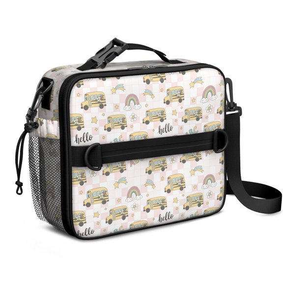 School Bus and Checker Pink Pattern Insulated Lunch Bag with Shoulder Strap and Bottle Holder,Bento School Lunch Bag Box,11x9.5x3.5 Inches