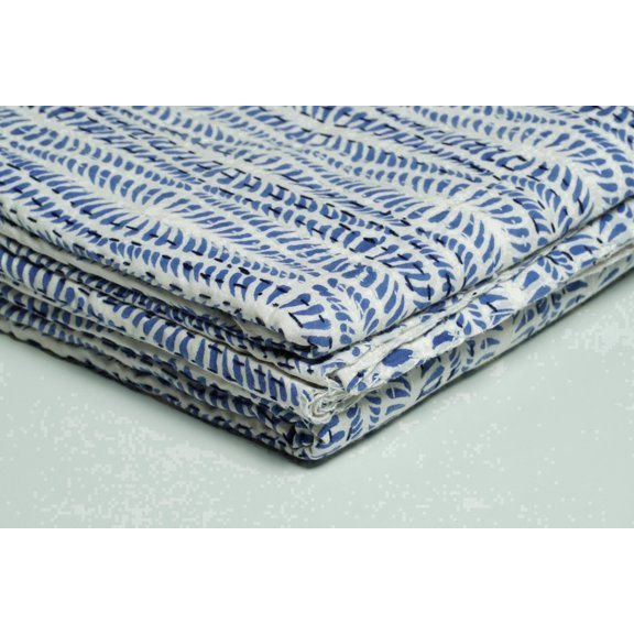Ozark Textile Blue Wave Indian Kantha Handmade Scallop Pattern 100% Cotton Coverlet