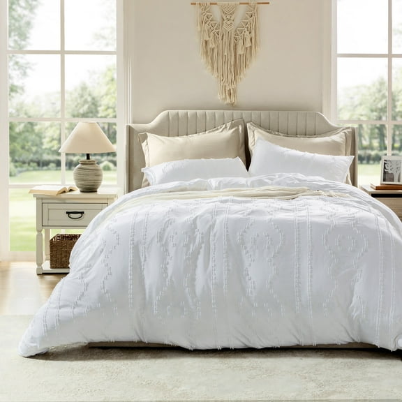 Duvet Cover Set Queen,Tina's Home 3 Pcs Boho Embroidery Shabby Chic All Season Bedding Set, White