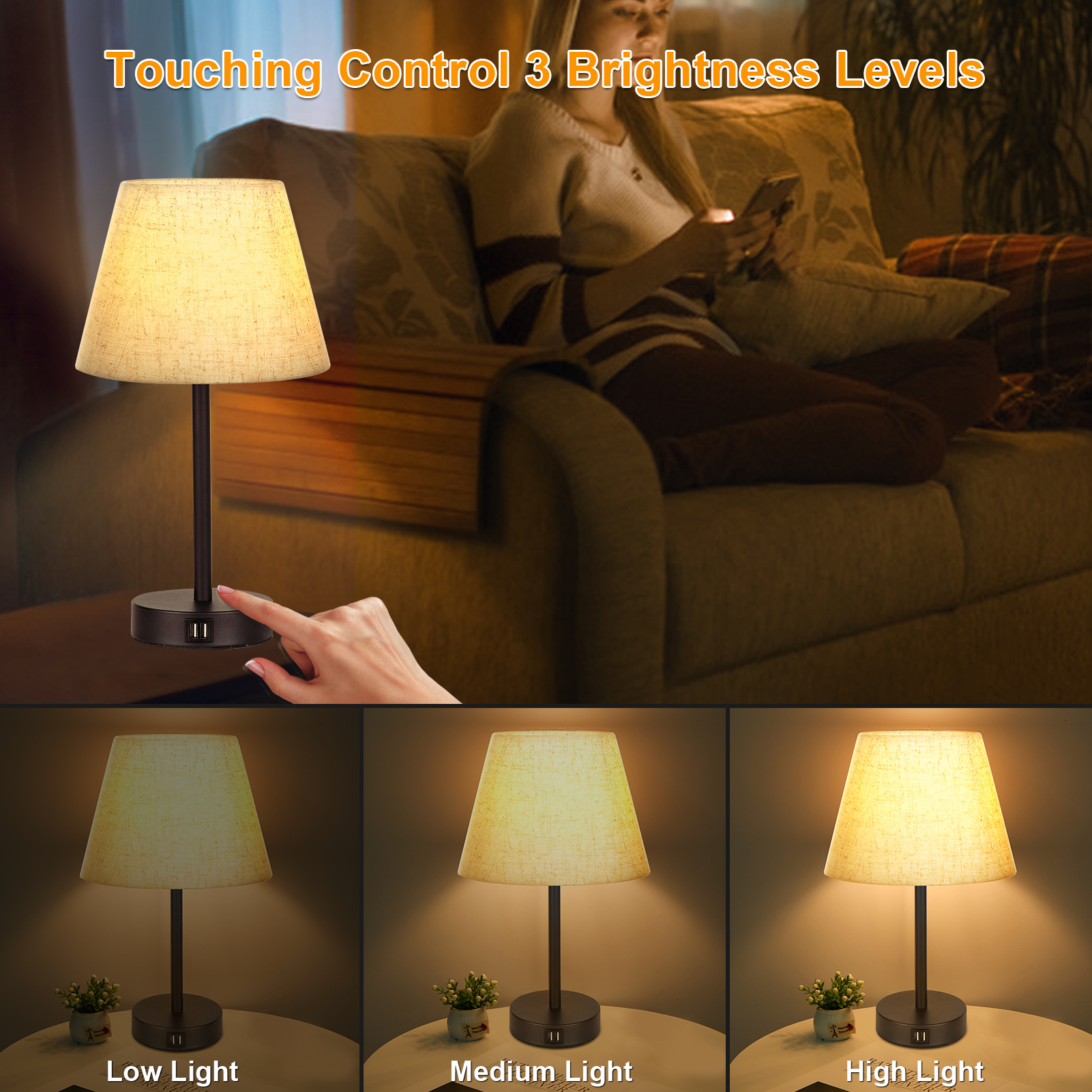 Meterk Table Lamp Bedside Desk Lamp with E26 LED Bulb Touch Control Warm White Light Modern Tabletop Lamp 2 USB Ports for Bedroom Living Room - image 5 of 7