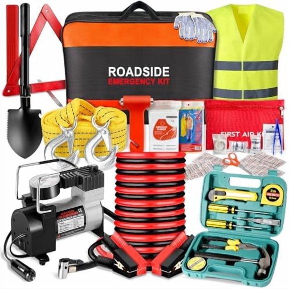 CarEmergency Kit with Air Compressor,Roadside Emergency Car Kit for Vehicles Auto Truck with Jumper Cables,Winter Car Safety Kit with Folding Shovel Car Repair Tool Set First Aid Kit Blanket Tow Rope