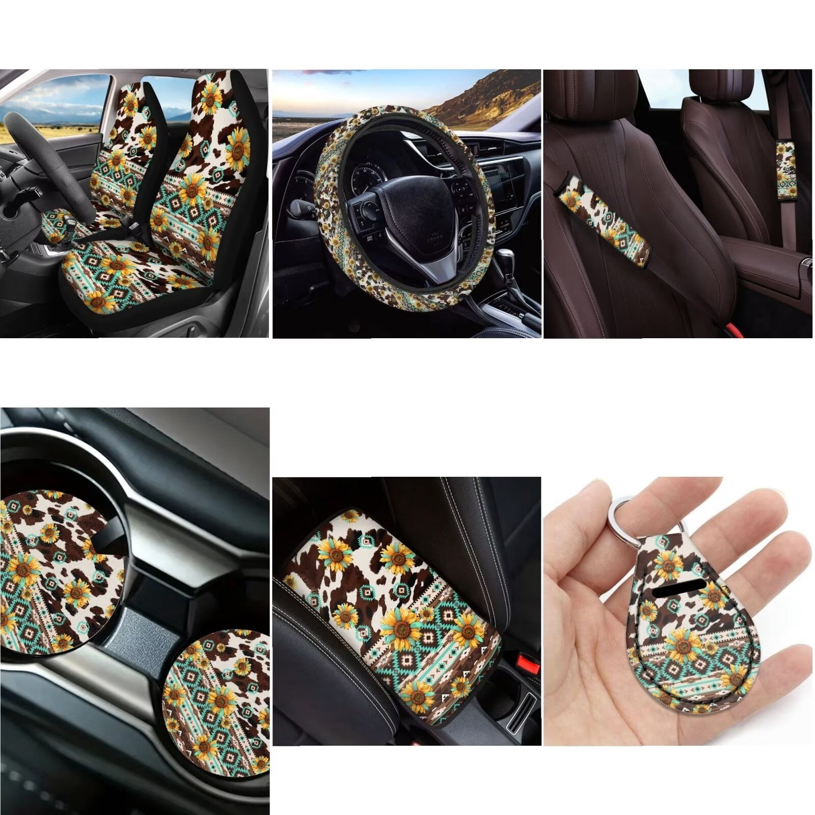LedBack Aztec Sunflower Car Seat Covers Full Set Breathable Car Accessories Set Cow Print Steering Wheel Cover Armrest Pads Seat Belt Cover Coaster Keychain, Set of 12, Brown