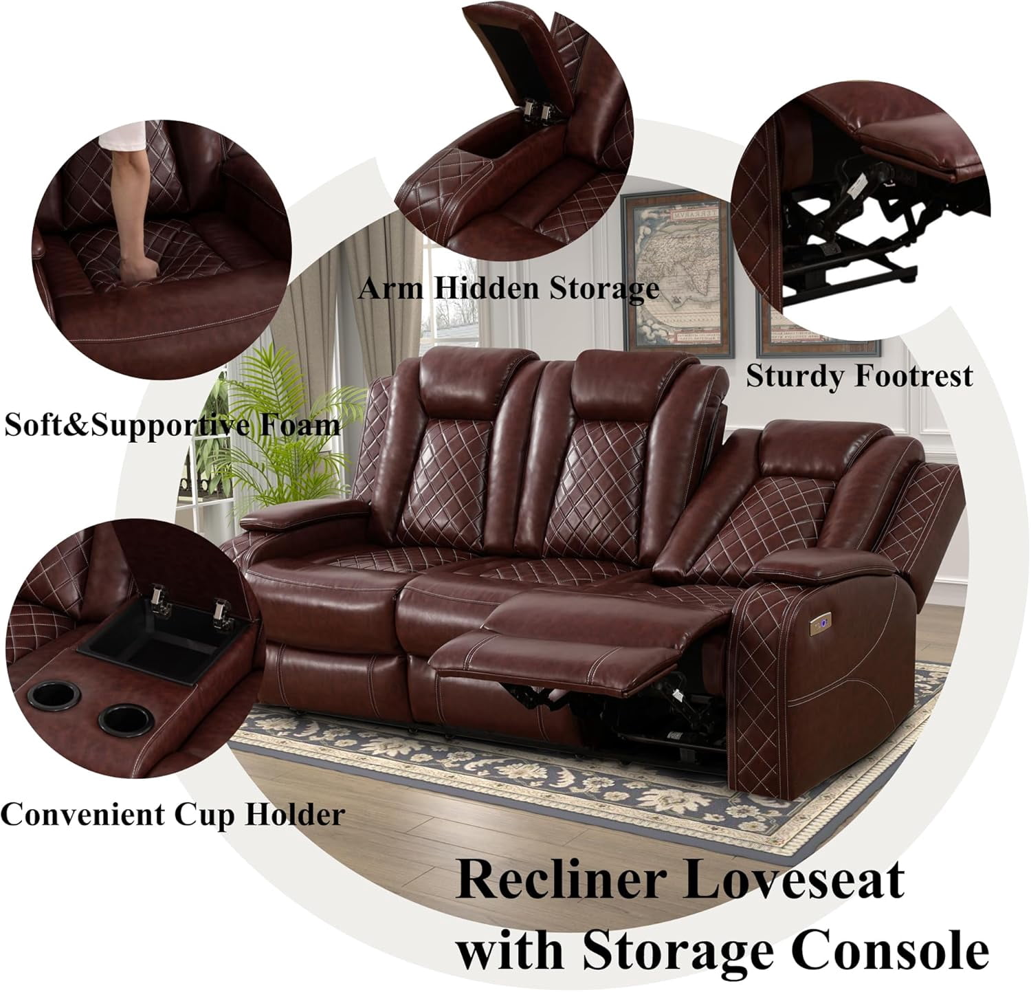 Power Leather Recliner Sofa Set with LED Lights,Living Room Furniture Set, Breathing Leather Sofa Set with USB Port/Storage Console/Cup Holders (3 Pieces Reclining Sofa Set, Auburn)