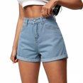 thumbnail image 4 of Women's High Waist Straight Leg Denim Shorts with Pockets Solid Color Cuffed Fit Jean Beach Vacation Shorts L, 4 of 5