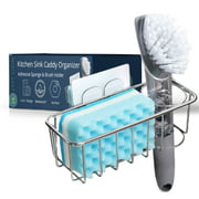 Kitchen Sink Caddy - Dish Sponge Holder and Dish Brush Holder 2 In 1 Kitchen Sink Organizer - Adhesive Hooks For Quick, Drill-Free Installation - Made of Rust Resistant Stainless Steel