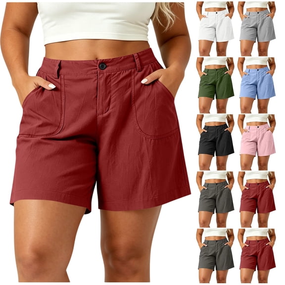 Plus Size Women Linen Casual Shorts, Button Zip Front Half Elastic Back Waist Solid Color Loose Wide Leg Bermuda Shorts with Pockets for Daily Beach Workout