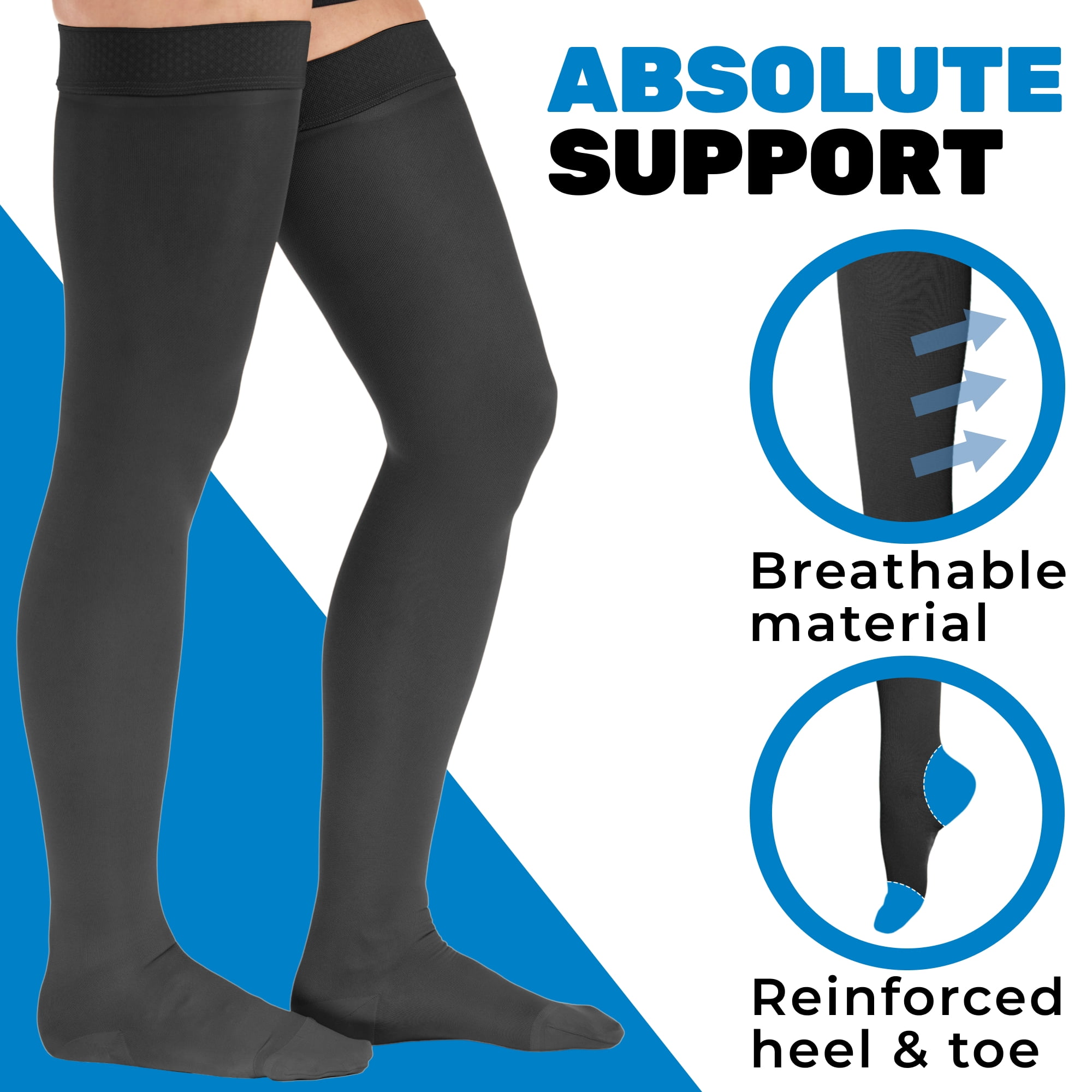 Opaque Compression Thigh Highs for Women and Men 20-30mmHg - Black, Medium