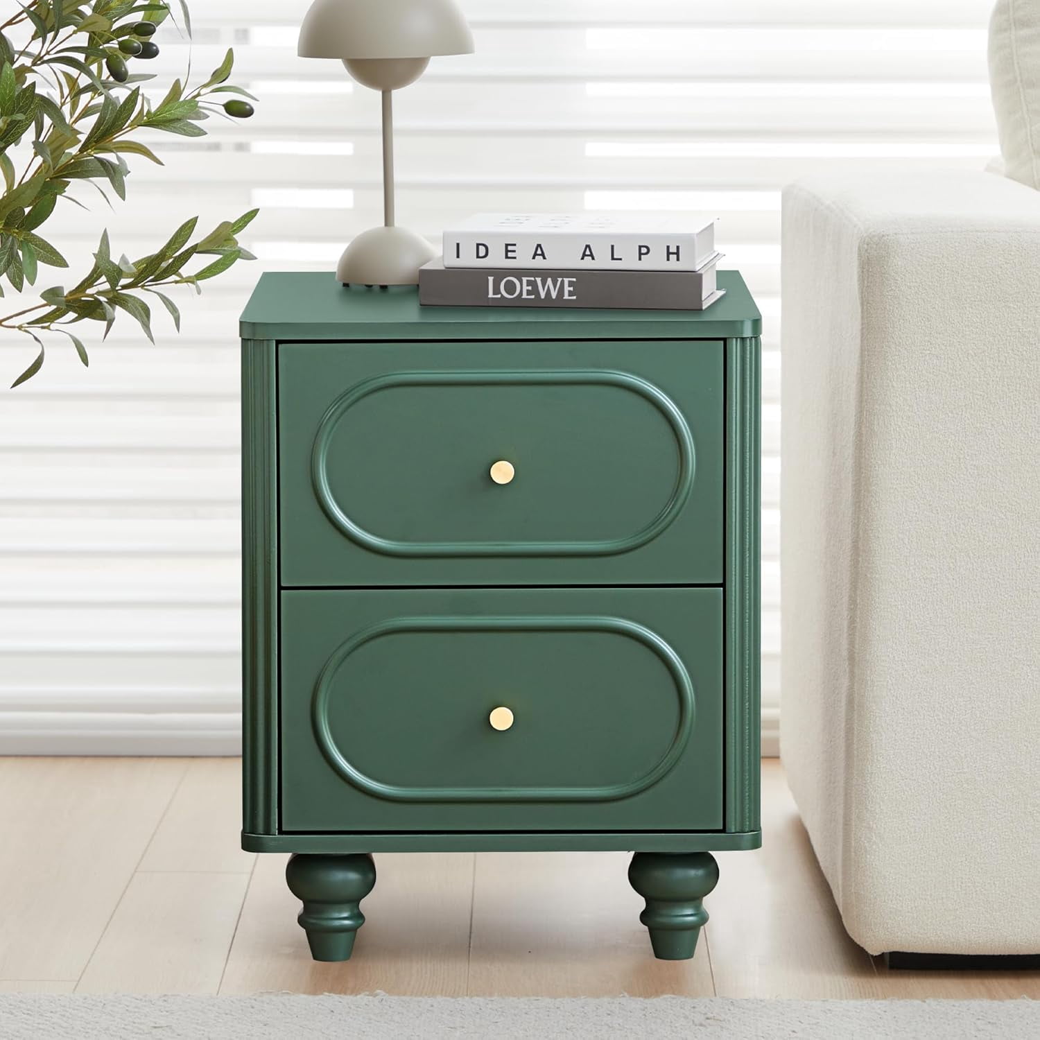 Wirrytor 2 Drawer Fluted Nightstand Set of 2, Mid Century Modern Farmhouse Bedside Table,Sofa Table, Small End Table Bedside Table for Bedroom Living room, Green
