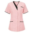 thumbnail image 2 of Jinhomg Women's Short Sleeve Scrub Tops Dressy Casual Solid Nursing Uniform Stretchy Comfy Short Sleeve V-Neck Tunic Blouses Lightweight Summer Workwear Pink L, 2 of 3