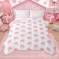 Homewish Girls Bow Knot Full Size Comforter Sets,Princess Cartoon Bowtie Bedding Comforter Set,White Pink Bedding Sets For Kids,Luxury Bedroom Decor Reversible,3-Piece