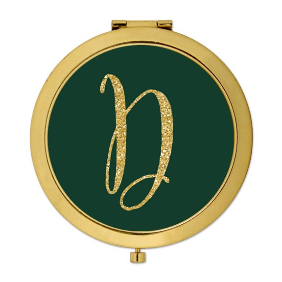 Koyal Wholesale Gold Compact Mirror Bridesmaid's Wedding Gift, Emerald Green, Monogram Letter D, 1-Pack