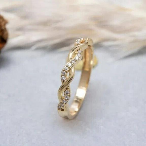 Hitanshu Jewels Gift For Her Engagement Twisted Ring Round Cut Cubic Zirconia 14K Yellow Gold Finish