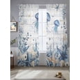 thumbnail image 2 of Ocean Jellyfish Sheer Curtains 108 Inch Long 2 Panels, Blue Yellow Sea Star Shell Coral White Wood Grain Light Filtering Rod Pocket Curtains, Sheer Voile Drapes for Living Room Bedroom, 52"x108", 2 of 8