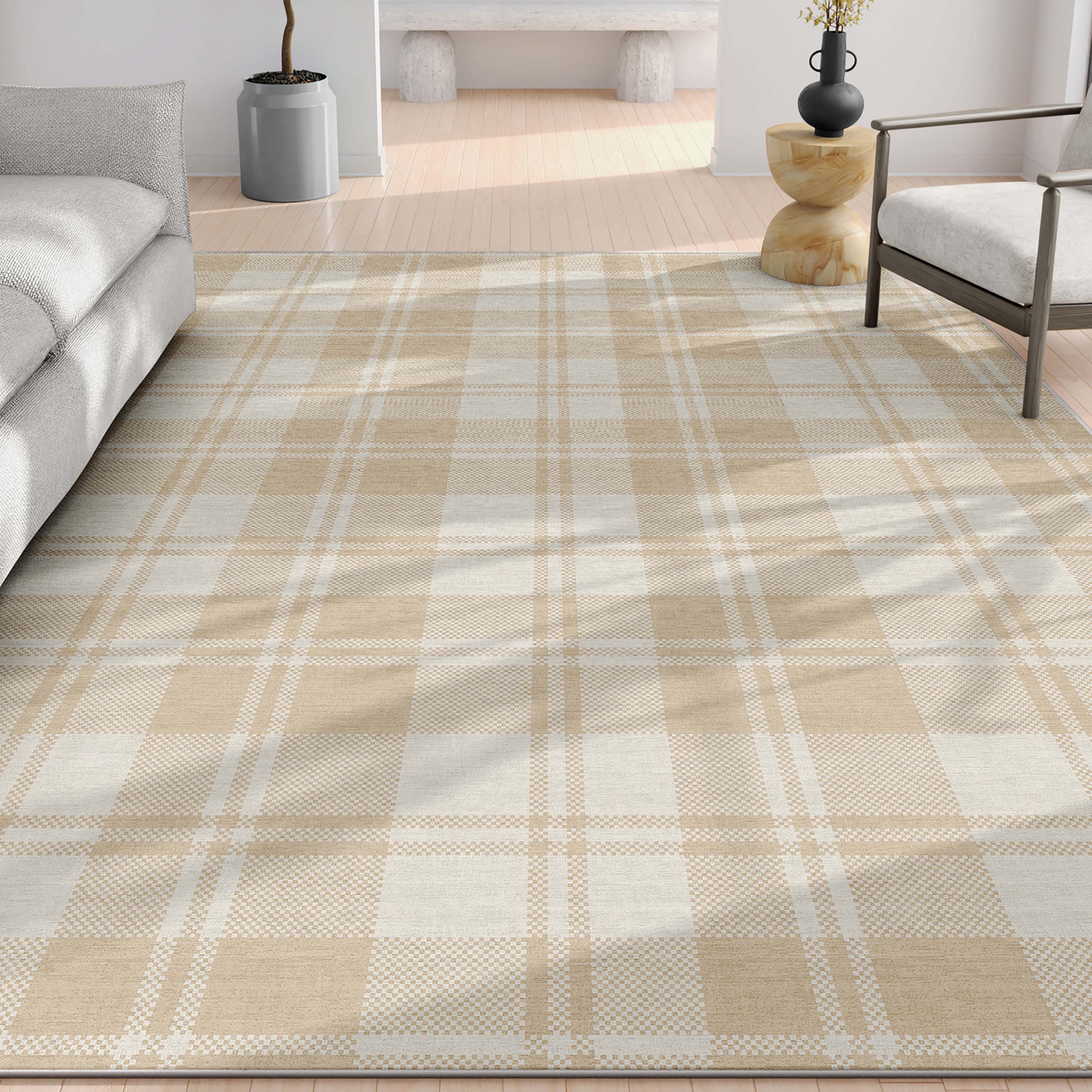 Well Woven Apollo Plaid Modern Beige Brown Flat Pile Easy to Clean 5' x 7' Area Rug for Living Room Dining Room Bedroom and Kitchen