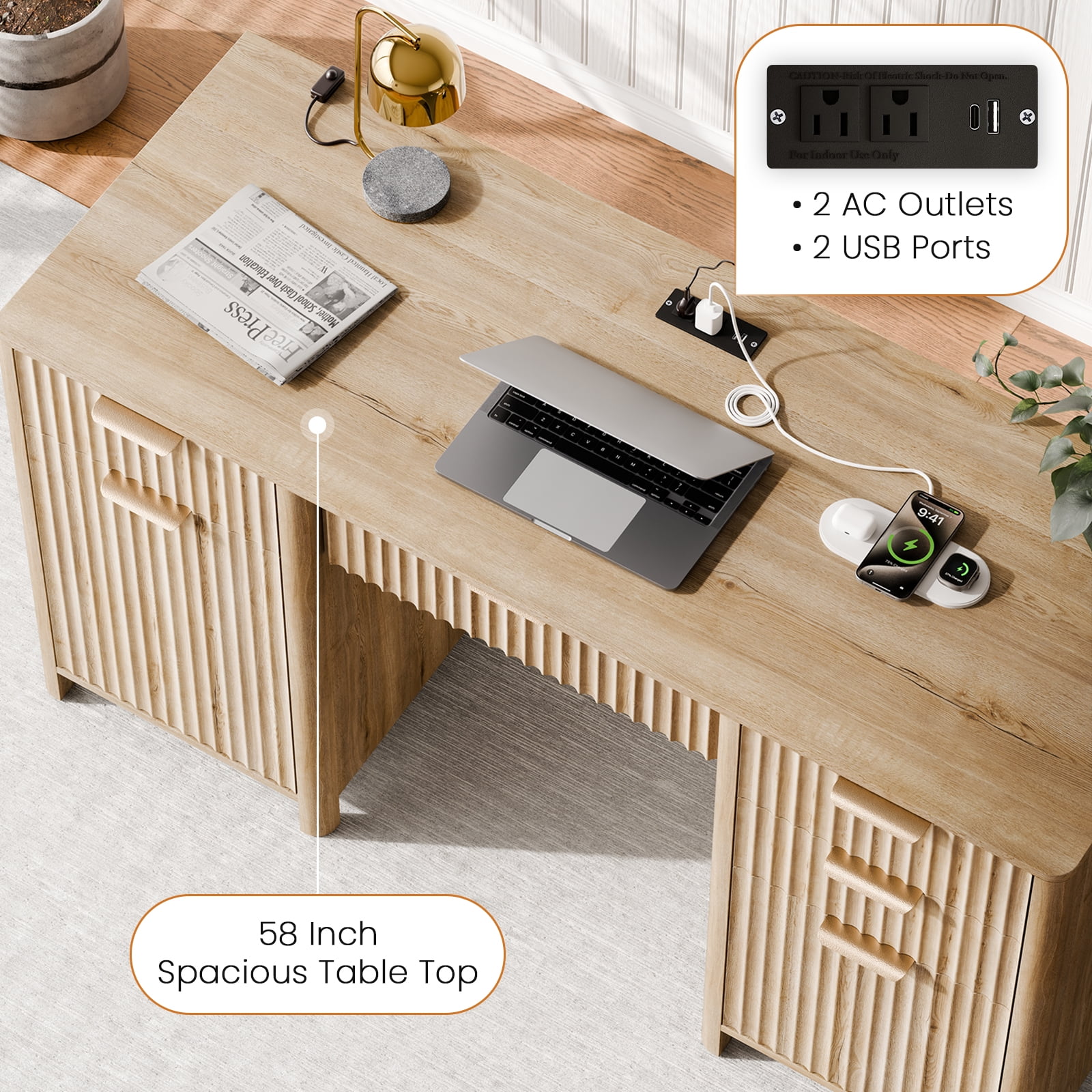 58" Fluted Executive Desk with Storage Modern Home Office Desk with Charging Station Wood Work Desk for Office, Bedroom, Study, Living Room, Oak