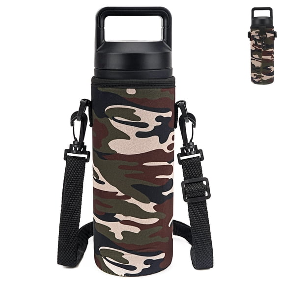 Linkidea Water Bottle Fence Sleeve with Hook Compatible with YETI Rambler Bottle 18oz, Hydra Flask Wide Mouth Bottle 18oz/20oz, Neoprene Waterbottle Sling Strap Bag for Outdoor Sports, Camo