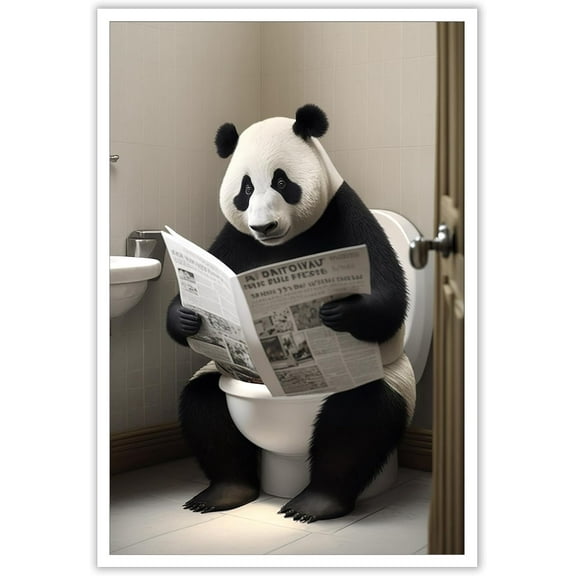 Aaheei Funny Panda Bathroom Canvas Wall Art Cute Panda In Toilet Posters Black and White Animal Prints Painting Maximalist Mid Century Modern Aesthetic Wall Decor