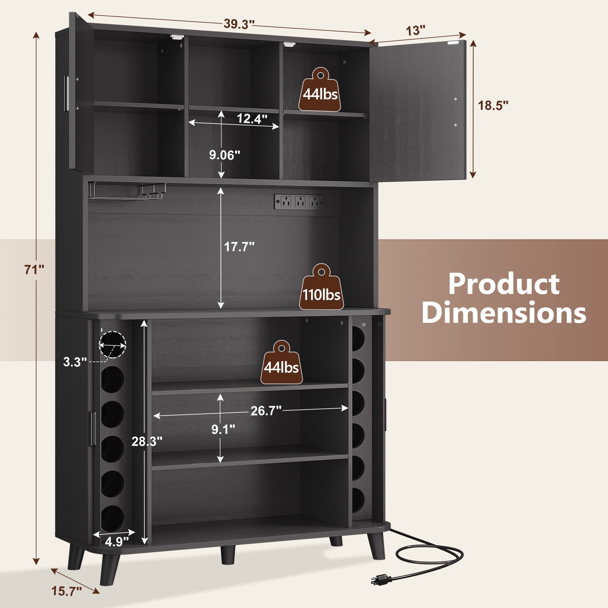 Laintene 39" W Kitchen Pantry Cabinet with Sliding Doors, Tall Storage Cabinet with Charging Station & Adjustable Shelves, Modern Bar Cabinet with Wine Rack for Dining Living Room, Black