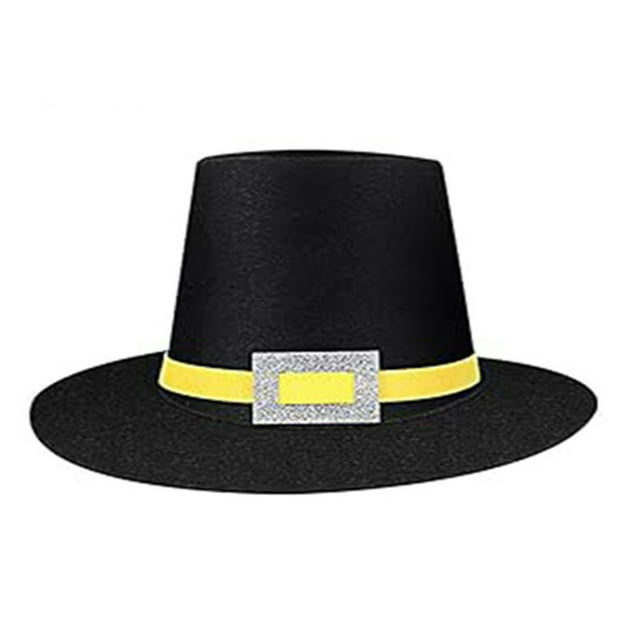 Diconna Felt Pilgrim Hat with Buckle, a black felt hat featuring a wide brim and a yellow band with a silver buckle. Designed for adults, this unisex Thanksgiving party hat is ideal for cosplay, holiday celebrations, and costume props. Made of soft acrylic material, it is lightweight and comfortable for extended wear. Suitable for various occasions such as Halloween, Christmas, Easter, and stage performances.
