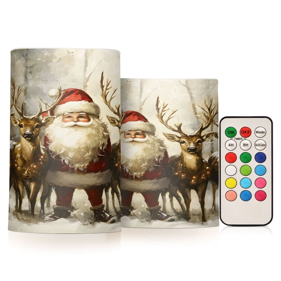 ALAZA Christmas Santa Claus Deers in Forest 2 PCs LED Flickering Flameless Candles with Remote Timer Battery Operated Candle
