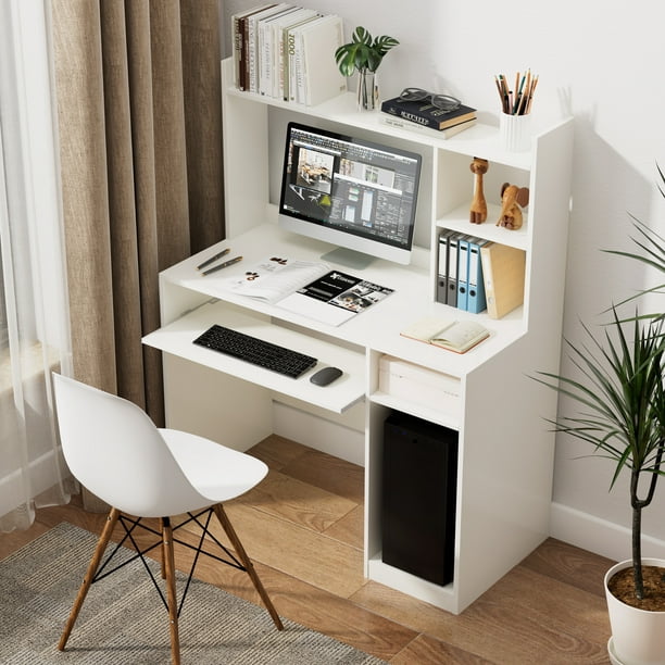 Topbuy Bureau d'ordinateur avec étagère de rangement Bureau en bois avec  huche Bureau avec support CPU et plateau pour clavier 