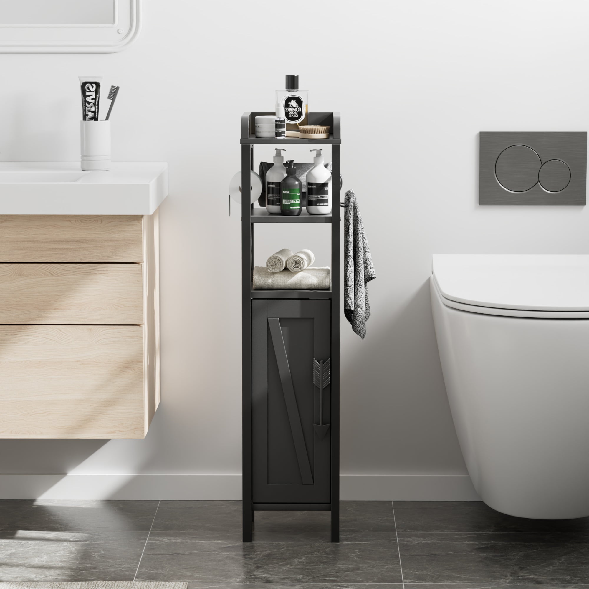 VECELO Small Bathroom Storage Cabinet, Corner Floor Cabinet with Toilet Paper Holder and Shelves, Black