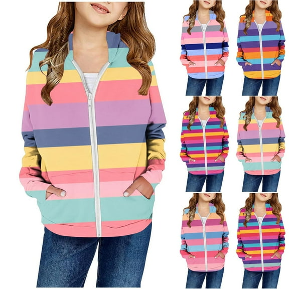 MKOSPLRT Striped Hoodies for Girl Full Zip Long Sleeve Sweatshirts Casual Color Block Coats Lightweight Fall Hooded Jacket with Pocket