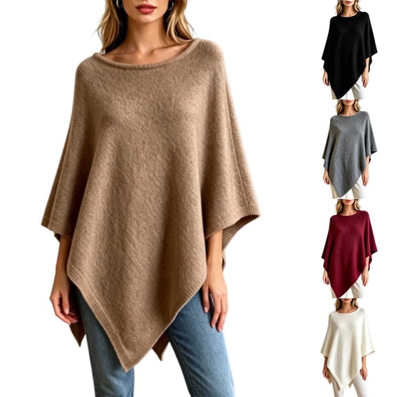 Sweater for Women Crew Neck Knit Poncho Top Asymmetrical Hem Relaxed Fit Casual Fall Pullover