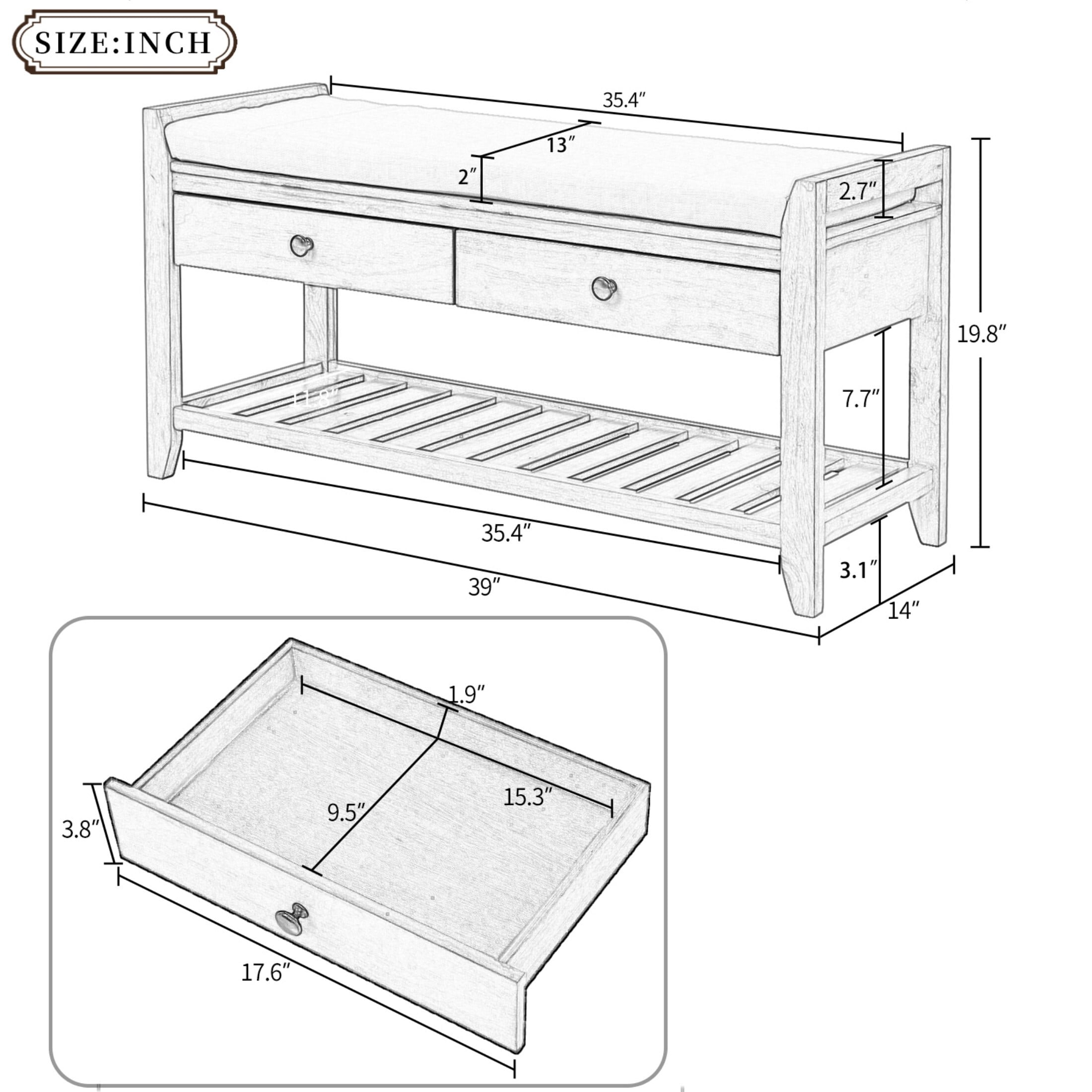 DEALTOPS Vintage Storage Bench with Cushion Seat, Shoe Rack with 2 Drawers, Gray Wash
