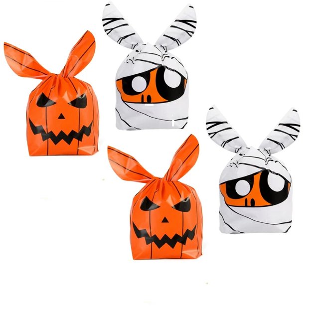Oleegame 2PC Kids Snack Boxes For School 100 Pcs Halloween Candy Bags And Pumpkin Pattern Candy Bags Trick Or Bags Rabbit Ears Goodie Bags Halloween Plastic Gift Bags For Halloween Party Orange