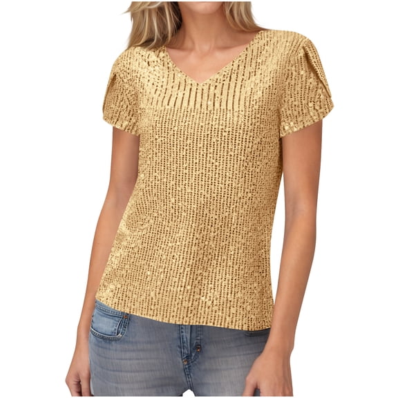 Laqbezok Women's V Neck Sequin Short Sleeve T-Shirt, Sparkly Linear Shimmer Blouse, Casual Party Fashion Outfit