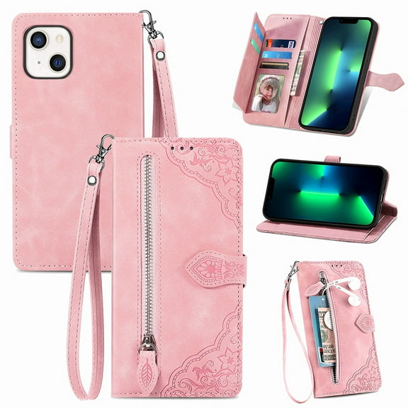 SYITOOCK Phone Case for iPhone 13 Mini, Shockproof PU Leather Wallet Case with Card Slots Anti-Scratch Stand Magnetic Flip Zipper Pocket Cover for iPhone 13 Mini, Pink