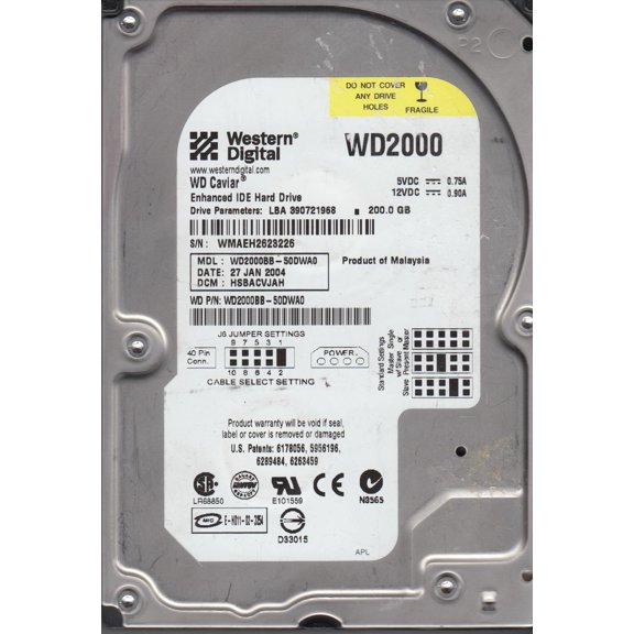 WD2000BB-50DWA0, DCM HSBACVJAH, Western Digital 200GB IDE 3.5 Hard Drive