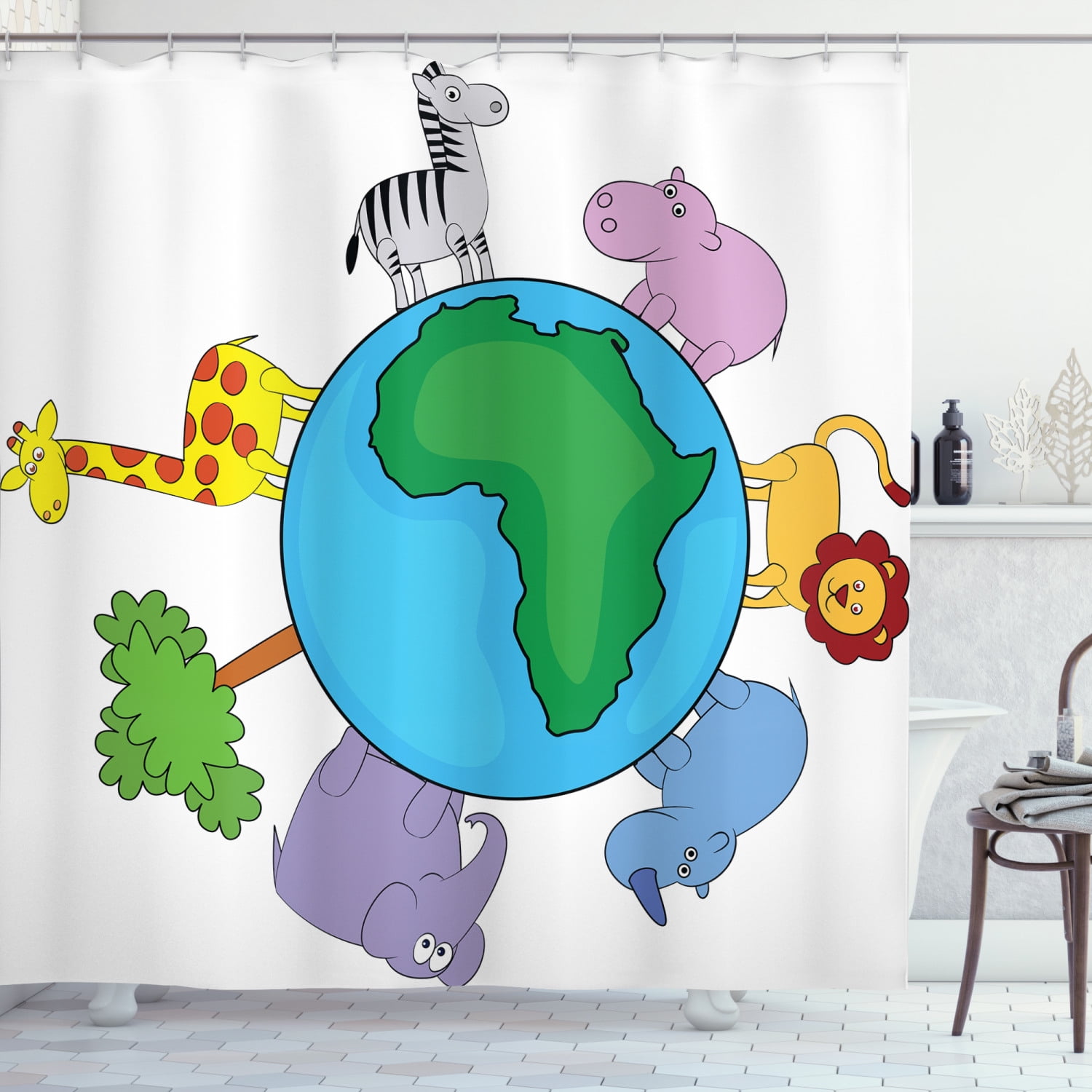 Zoo Shower Curtain, World Icon Africa Continent Cute Cartoon Animals