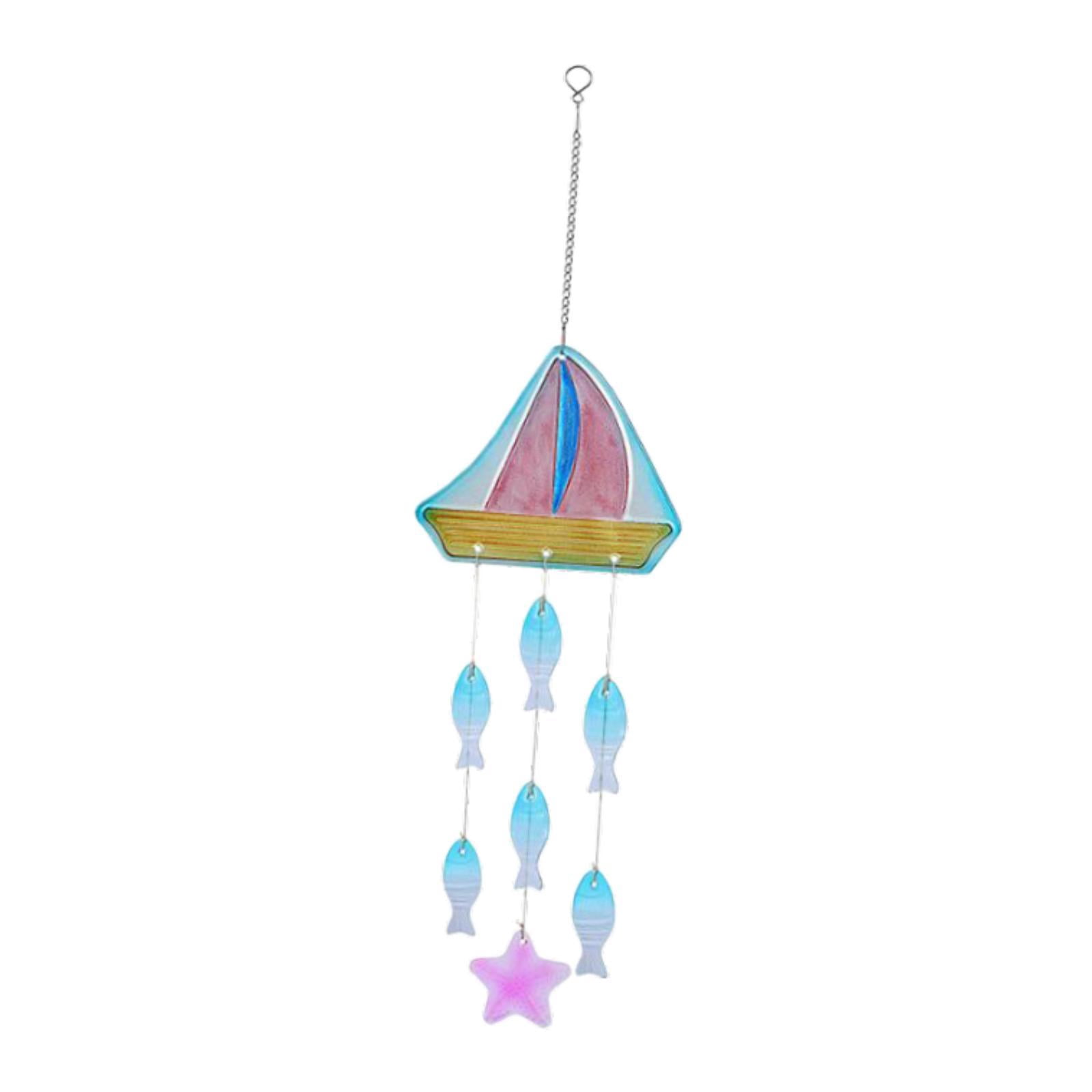 figatia Glass Sea Wind Chime Coastal Ornament Garden Hanging Windchime Pendant Windbell for Balcony Mom Women Home Farmhouse Entrance Boat 18.2x62.5cm