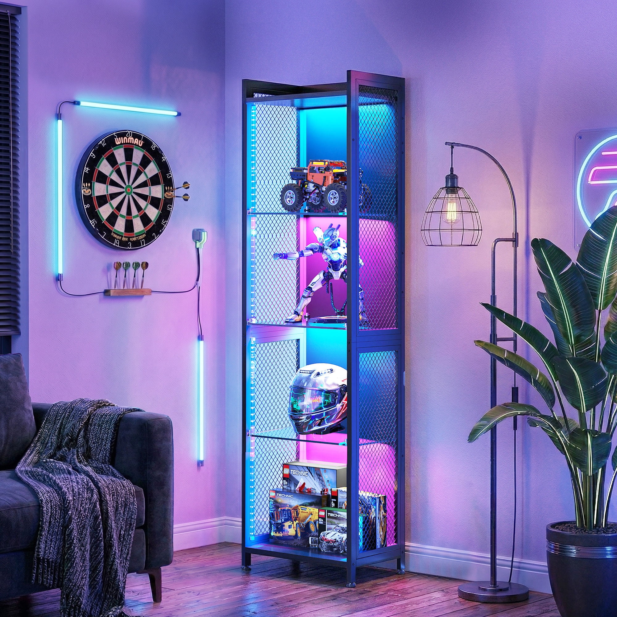 Casacomoda 4-Tier LED Display Cabinet, Gaming Glass Shelf Curio Cabinet with RGB Lights, Open Glass Corner Storage Shelf for Collectibles, Figures, Gaming Room & Living Room, Black