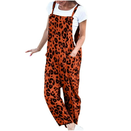 Summer Savings Clearance! Edvintorg Leopard Print Overalls For Women Fashion Summer Casual Camis Sleeveless Suspender Jumpsuit Stretchy Long Pants Romper With Pockets