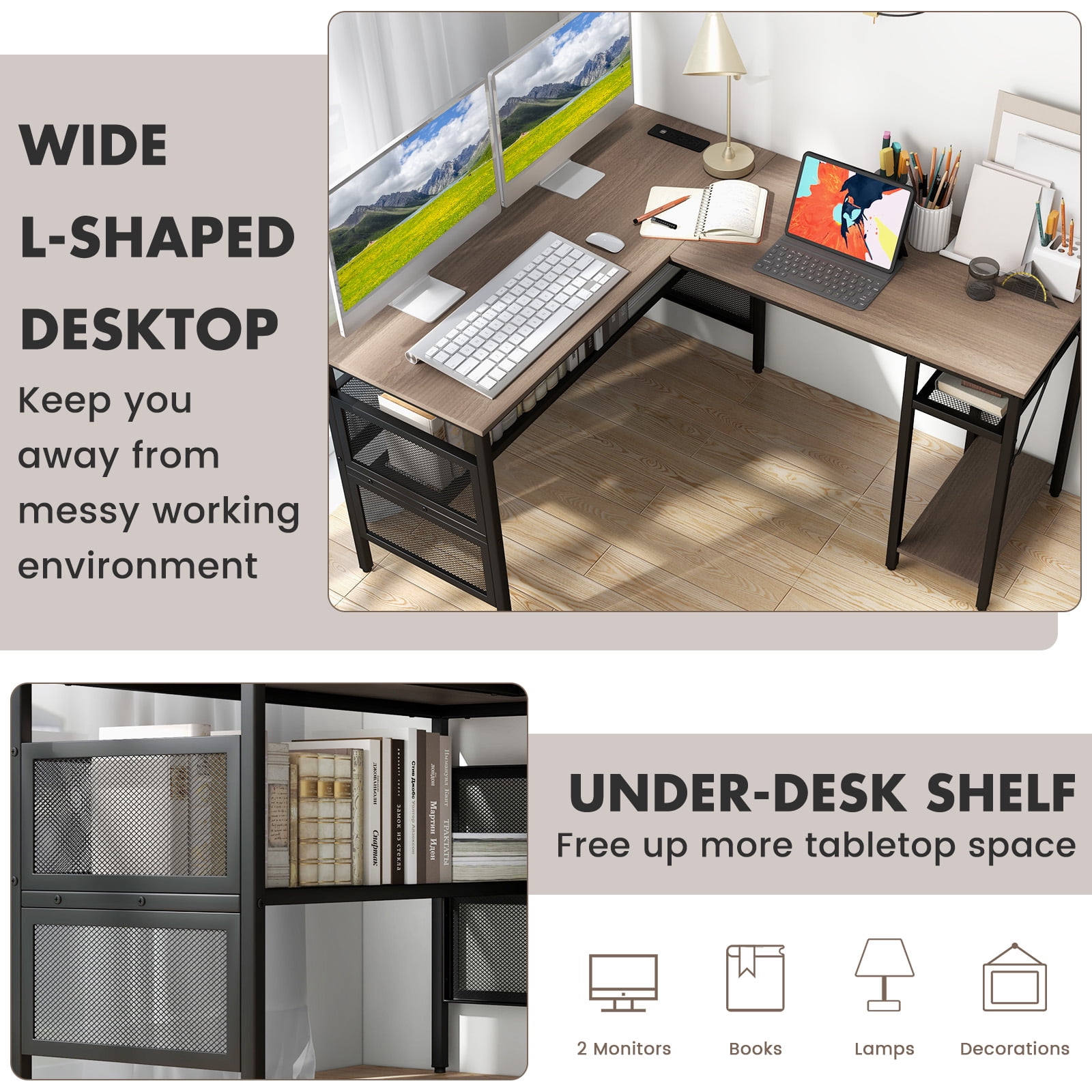 Giantex L Shaped Desk w/Power Outlets & USB Ports, Reversible Corner Computer Desk, 2 Person Gaming Table