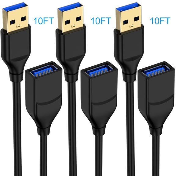 USB Extension Cable 10ft,3Pack USB Extender Cord 10FT USB 3.0 Extension Cable USB to USB Cable Male to Female 3A Fast Charging Data Transfer Type A to Type A Cord for Webcam,USB Keyboard,Printer