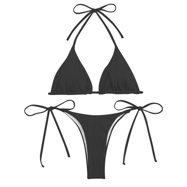 ZQGJB Women Sexy Brazilian Striped String Triangle Thong Bikini Bathing  Suits Swimsuits Trikini Two Piece Push Up Padded Swimwear(Black,L)