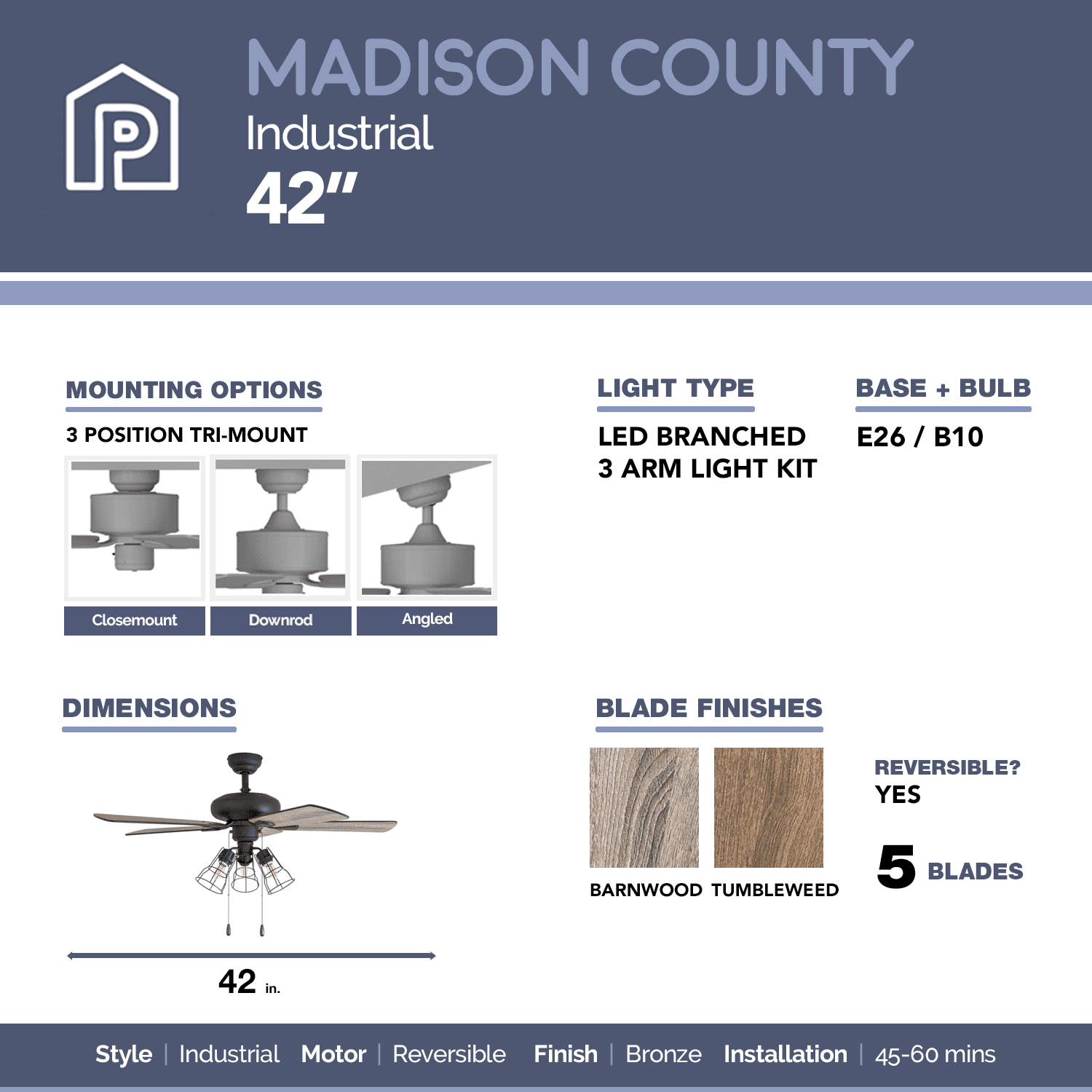 Prominence Home 50588-35 Madison County Industrial 42-Inch Aged Bronze Indoor Ceiling Fan, Cage LED Cage Barnwood, Tumbleweed Blades Sansujyuku sansujyuku.com