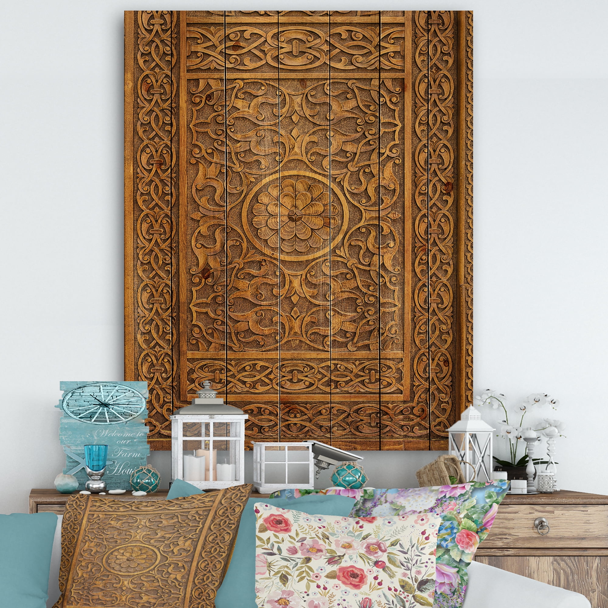 Designart 'Old Wooden Embosed Door' Vintage Print on Natural Pine Wood