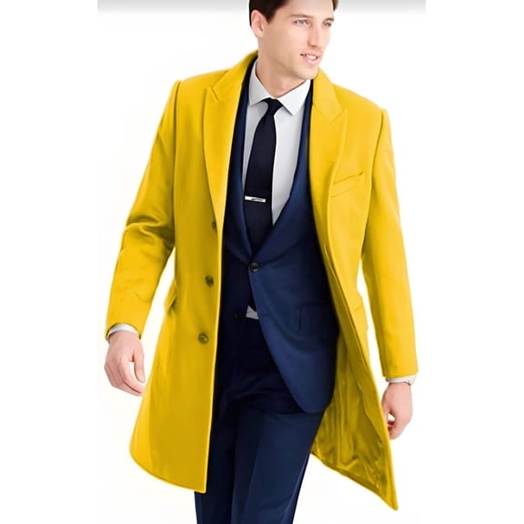 Mens Wool Carcoat - Yellow Three Quarter Peak Lapel Topcoat